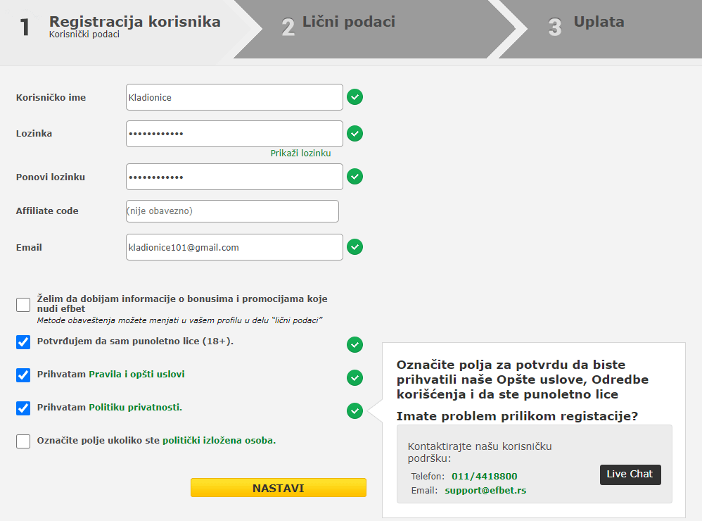 Ef bet Registracija prvi korak