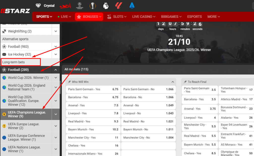 888starz kladjenje na pobednika lige sampiona
