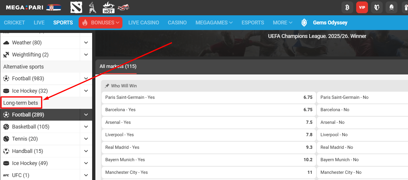 megapari kladjenje na pobednika lige sampiona