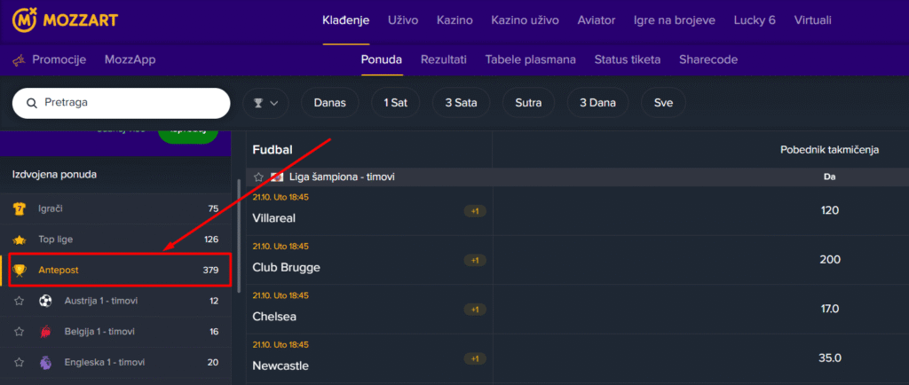 mozzart kladjenje na pobednika lige sampiona